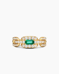Stax Chain Link Stone Ring 18K Yellow Gold with Diamonds and Emerald, 7mm