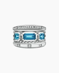 Stax Five Row Ring Sterling Silver with Hampton Blue Topaz and Diamonds, 15mm