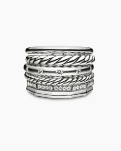 Stax Six Row Ring Sterling Silver with Diamonds, 16mm