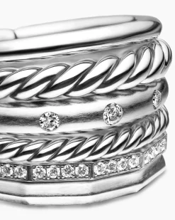 Stax Six Row Ring Sterling Silver with Diamonds, 16mm
