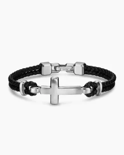 Streamline® Cross Station Bracelet Black Leather with Sterling Silver, 6mm