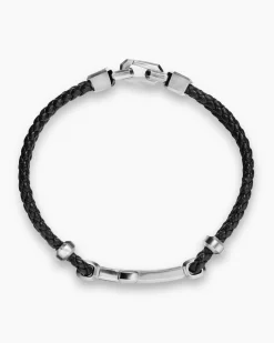 Streamline® Cross Station Bracelet Black Leather with Sterling Silver, 6mm