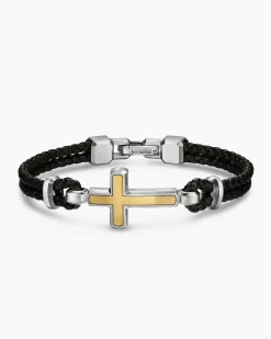 Streamline® Cross Station Bracelet Black Leather with Sterling Silver and 14K Yellow Gold, 6mm