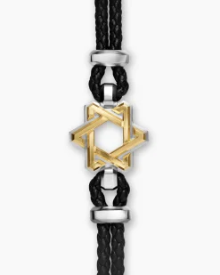 Streamline® Star of David Bracelet Black Leather with Sterling Silver and 14K Yellow Gold, 6mm