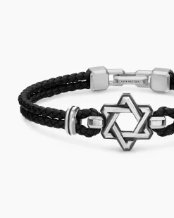 Streamline® Star of David Bracelet Black Leather with Sterling Silver, 6mm
