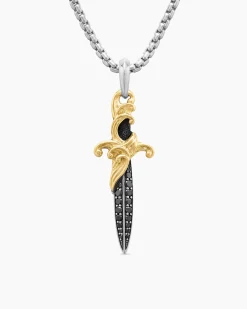 Waves Dagger Amulet Sterling Silver with 18K Yellow Gold and Black Diamonds, 44mm