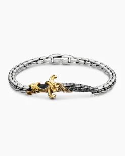 Waves Dagger Bracelet Sterling Silver with 18K Yellow Gold and Black Diamonds, 5mm