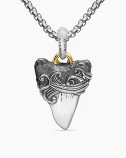 Waves Shark Tooth Amulet Sterling Silver with 18K Yellow Gold, 25mm