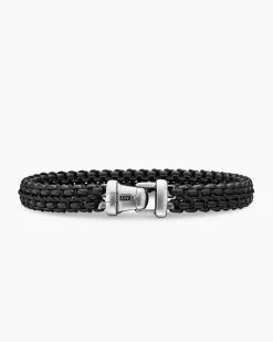 Woven Box Chain Bracelet Sterling Silver with Black Stainless Steel and Black Nylon, 10mm