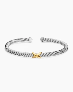 X Classic Cable Station Bracelet Sterling Silver with 18K Yellow Gold, 4mm