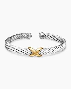 X Classic Cable Station Bracelet Sterling Silver with 14K Yellow Gold, 7mm