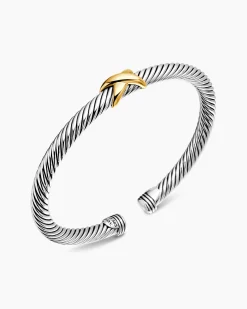 X Classic Cable Station Bracelet Sterling Silver with 14K Yellow Gold, 5mm