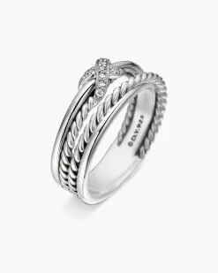 X Crossover Band Ring Sterling Silver with Diamonds, 6mm