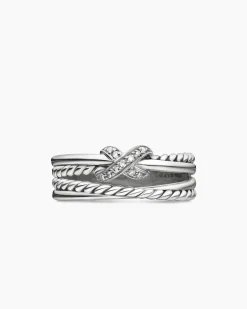 X Crossover Band Ring Sterling Silver with Diamonds, 6mm