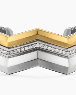 Zig Zag Stax™ Three Row Cuff Bracelet Sterling Silver with 18K Yellow Gold and Diamonds, 17.4mm