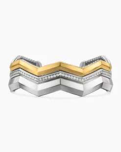 Zig Zag Stax™ Three Row Cuff Bracelet Sterling Silver with 18K Yellow Gold and Diamonds, 17.4mm
