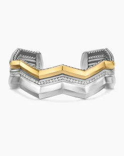 Zig Zag Stax™ Three Row Cuff Bracelet Sterling Silver with 18K Yellow Gold and Diamonds, 17.4mm